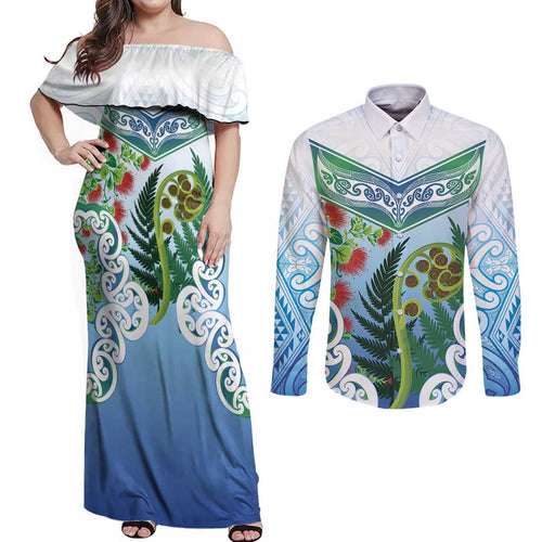 Aotearoa New Zealand Natural Plants Couples Matching Off Shoulder Maxi Dress and Long Sleeve Button Shirt Pohutukawa with Silver Ferns Koru Frond Maori Tattoos