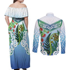 Aotearoa New Zealand Natural Plants Couples Matching Off Shoulder Maxi Dress and Long Sleeve Button Shirt Pohutukawa with Silver Ferns Koru Frond Maori Tattoos