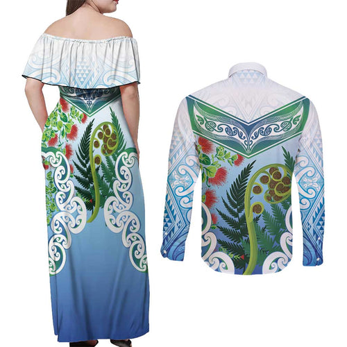 Aotearoa New Zealand Natural Plants Couples Matching Off Shoulder Maxi Dress and Long Sleeve Button Shirt Pohutukawa with Silver Ferns Koru Frond Maori Tattoos