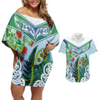 Aotearoa New Zealand Natural Plants Couples Matching Off Shoulder Short Dress and Hawaiian Shirt Pohutukawa with Silver Ferns Koru Frond Maori Tattoos