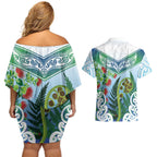 Aotearoa New Zealand Natural Plants Couples Matching Off Shoulder Short Dress and Hawaiian Shirt Pohutukawa with Silver Ferns Koru Frond Maori Tattoos
