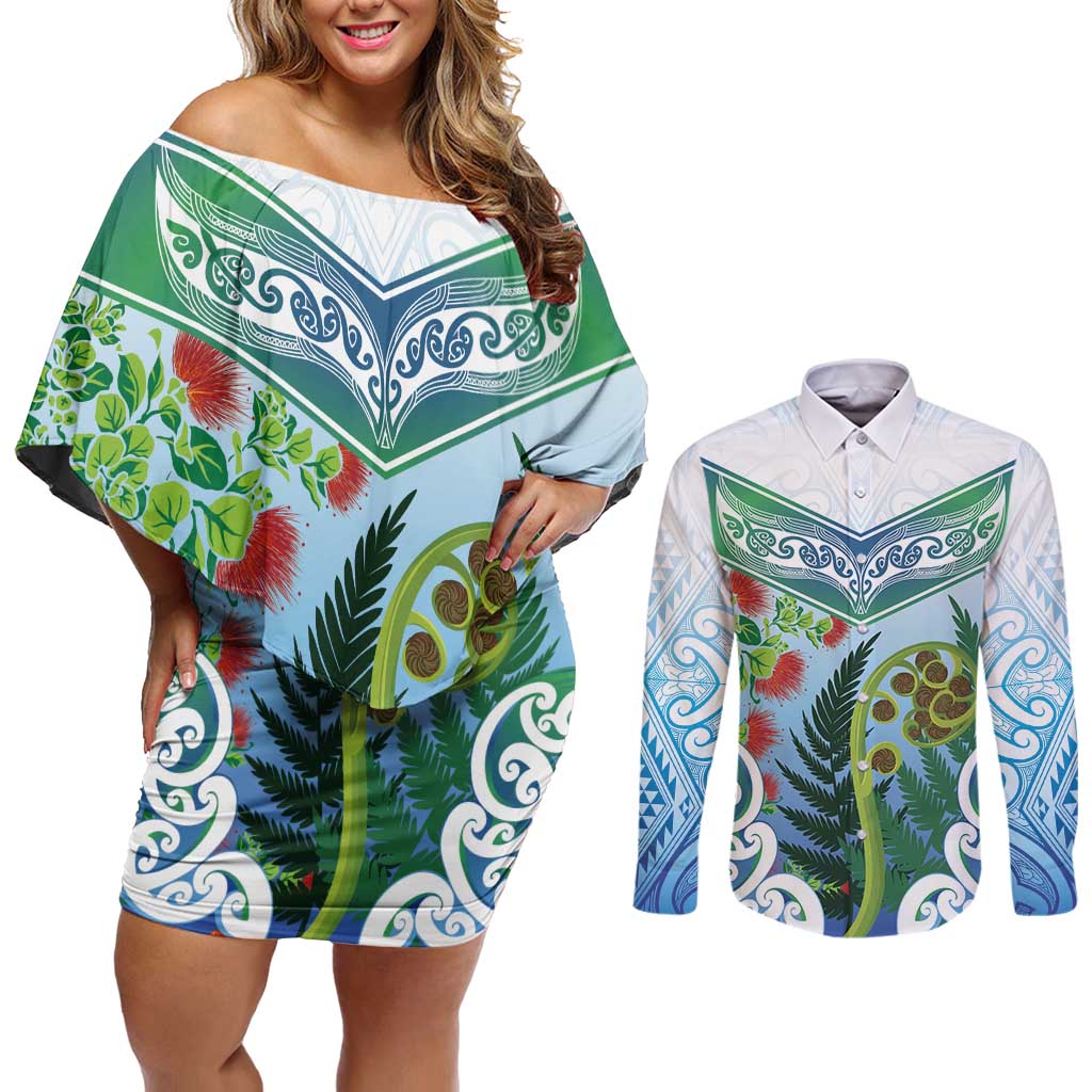 Aotearoa New Zealand Natural Plants Couples Matching Off Shoulder Short Dress and Long Sleeve Button Shirt Pohutukawa with Silver Ferns Koru Frond Maori Tattoos