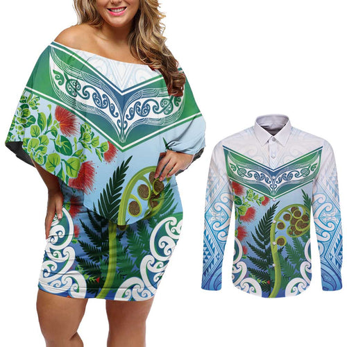 Aotearoa New Zealand Natural Plants Couples Matching Off Shoulder Short Dress and Long Sleeve Button Shirt Pohutukawa with Silver Ferns Koru Frond Maori Tattoos