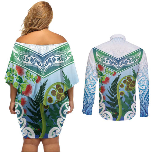 Aotearoa New Zealand Natural Plants Couples Matching Off Shoulder Short Dress and Long Sleeve Button Shirt Pohutukawa with Silver Ferns Koru Frond Maori Tattoos