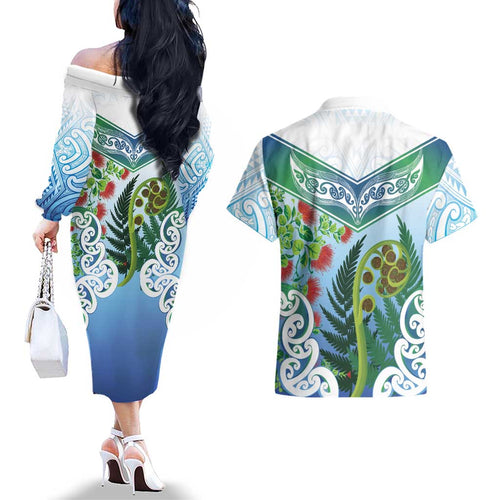 Aotearoa New Zealand Natural Plants Couples Matching Off The Shoulder Long Sleeve Dress and Hawaiian Shirt Pohutukawa with Silver Ferns Koru Frond Maori Tattoos
