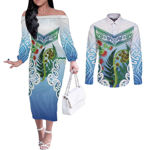 Aotearoa New Zealand Natural Plants Couples Matching Off The Shoulder Long Sleeve Dress and Long Sleeve Button Shirt Pohutukawa with Silver Ferns Koru Frond Maori Tattoos