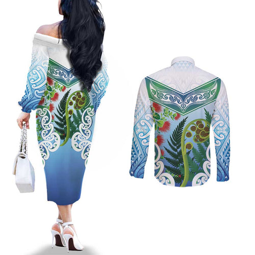 Aotearoa New Zealand Natural Plants Couples Matching Off The Shoulder Long Sleeve Dress and Long Sleeve Button Shirt Pohutukawa with Silver Ferns Koru Frond Maori Tattoos