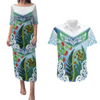 Aotearoa New Zealand Natural Plants Couples Matching Puletasi and Hawaiian Shirt Pohutukawa with Silver Ferns Koru Frond Maori Tattoos