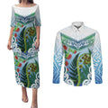 Aotearoa New Zealand Natural Plants Couples Matching Puletasi and Long Sleeve Button Shirt Pohutukawa with Silver Ferns Koru Frond Maori Tattoos