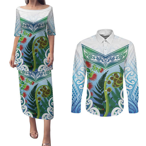 Aotearoa New Zealand Natural Plants Couples Matching Puletasi and Long Sleeve Button Shirt Pohutukawa with Silver Ferns Koru Frond Maori Tattoos