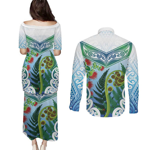 Aotearoa New Zealand Natural Plants Couples Matching Puletasi and Long Sleeve Button Shirt Pohutukawa with Silver Ferns Koru Frond Maori Tattoos