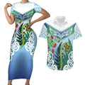 Aotearoa New Zealand Natural Plants Couples Matching Short Sleeve Bodycon Dress and Hawaiian Shirt Pohutukawa with Silver Ferns Koru Frond Maori Tattoos
