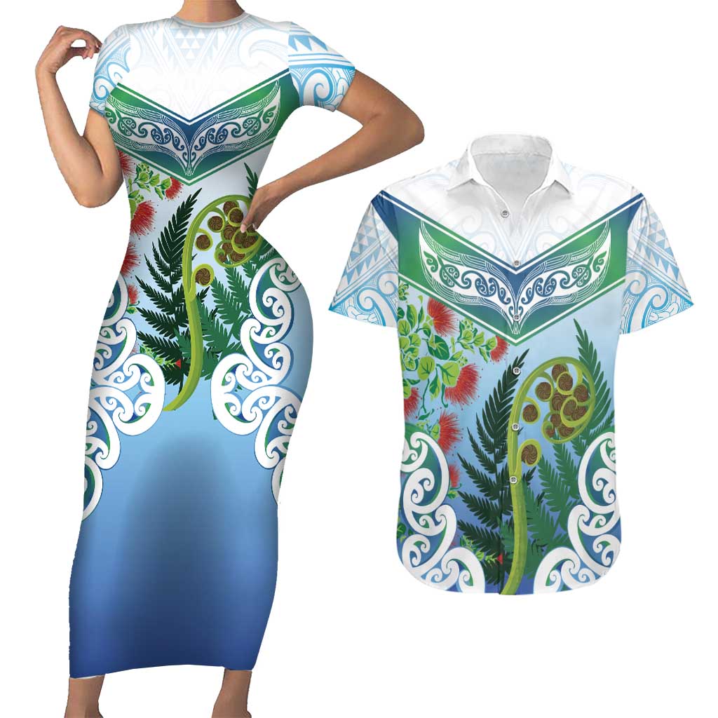 Aotearoa New Zealand Natural Plants Couples Matching Short Sleeve Bodycon Dress and Hawaiian Shirt Pohutukawa with Silver Ferns Koru Frond Maori Tattoos