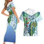 Aotearoa New Zealand Natural Plants Couples Matching Short Sleeve Bodycon Dress and Hawaiian Shirt Pohutukawa with Silver Ferns Koru Frond Maori Tattoos