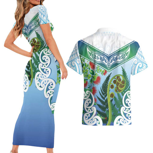 Aotearoa New Zealand Natural Plants Couples Matching Short Sleeve Bodycon Dress and Hawaiian Shirt Pohutukawa with Silver Ferns Koru Frond Maori Tattoos