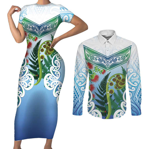 Aotearoa New Zealand Natural Plants Couples Matching Short Sleeve Bodycon Dress and Long Sleeve Button Shirt Pohutukawa with Silver Ferns Koru Frond Maori Tattoos