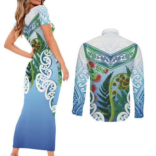Aotearoa New Zealand Natural Plants Couples Matching Short Sleeve Bodycon Dress and Long Sleeve Button Shirt Pohutukawa with Silver Ferns Koru Frond Maori Tattoos