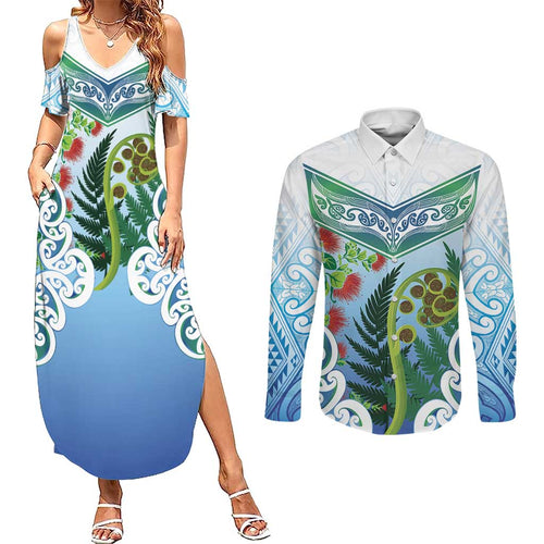 Aotearoa New Zealand Natural Plants Couples Matching Summer Maxi Dress and Long Sleeve Button Shirt Pohutukawa with Silver Ferns Koru Frond Maori Tattoos