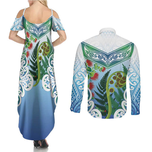 Aotearoa New Zealand Natural Plants Couples Matching Summer Maxi Dress and Long Sleeve Button Shirt Pohutukawa with Silver Ferns Koru Frond Maori Tattoos