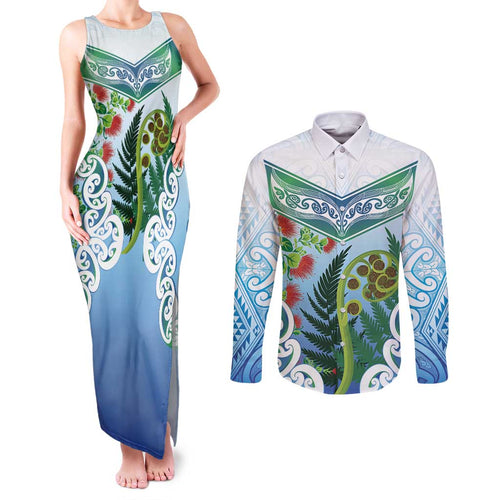 Aotearoa New Zealand Natural Plants Couples Matching Tank Maxi Dress and Long Sleeve Button Shirt Pohutukawa with Silver Ferns Koru Frond Maori Tattoos