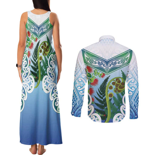 Aotearoa New Zealand Natural Plants Couples Matching Tank Maxi Dress and Long Sleeve Button Shirt Pohutukawa with Silver Ferns Koru Frond Maori Tattoos