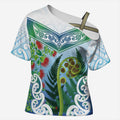 Aotearoa New Zealand Natural Plants Cross Shoulder Shirt Pohutukawa with Silver Ferns Koru Frond Maori Tattoos