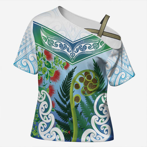 Aotearoa New Zealand Natural Plants Cross Shoulder Shirt Pohutukawa with Silver Ferns Koru Frond Maori Tattoos