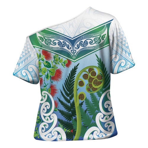 Aotearoa New Zealand Natural Plants Cross Shoulder Shirt Pohutukawa with Silver Ferns Koru Frond Maori Tattoos