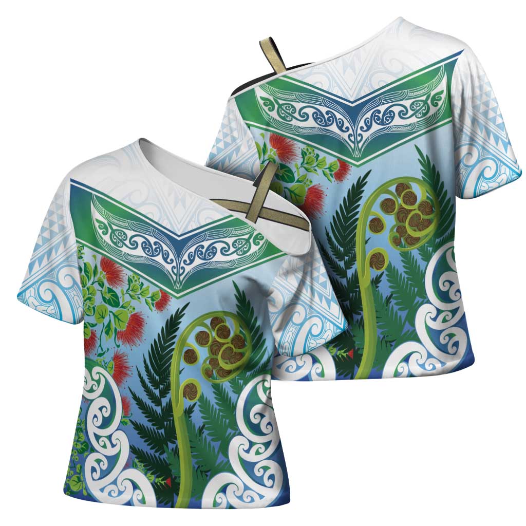 Aotearoa New Zealand Natural Plants Cross Shoulder Shirt Pohutukawa with Silver Ferns Koru Frond Maori Tattoos