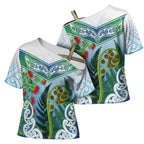 Aotearoa New Zealand Natural Plants Cross Shoulder Shirt Pohutukawa with Silver Ferns Koru Frond Maori Tattoos