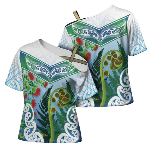 Aotearoa New Zealand Natural Plants Cross Shoulder Shirt Pohutukawa with Silver Ferns Koru Frond Maori Tattoos