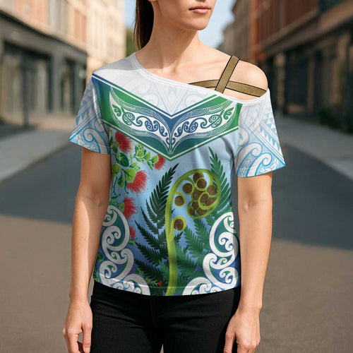 Aotearoa New Zealand Natural Plants Cross Shoulder Shirt Pohutukawa with Silver Ferns Koru Frond Maori Tattoos