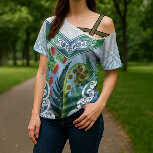 Aotearoa New Zealand Natural Plants Cross Shoulder Shirt Pohutukawa with Silver Ferns Koru Frond Maori Tattoos