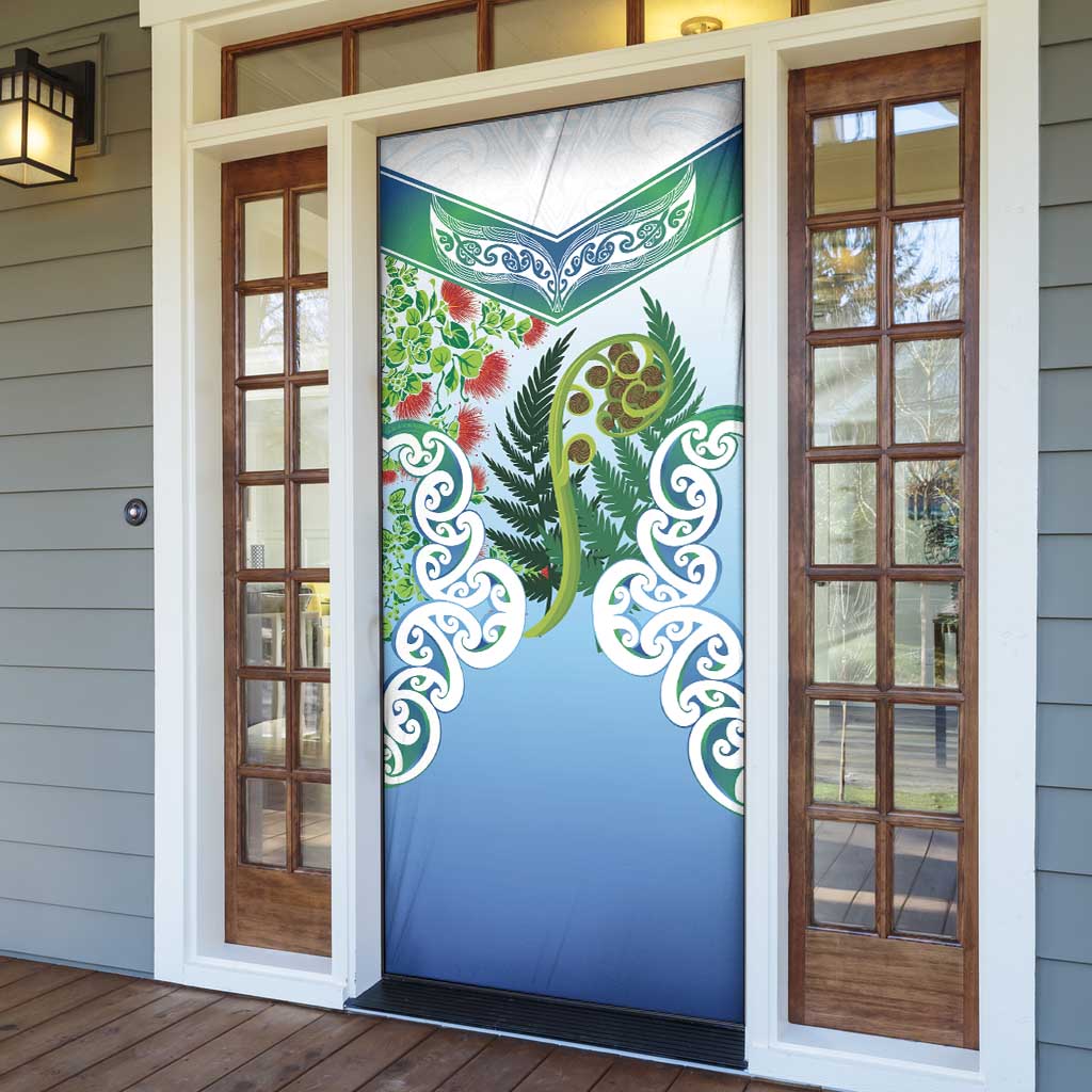 Aotearoa New Zealand Natural Plants Door Cover Pohutukawa with Silver Ferns Koru Frond Maori Tattoos