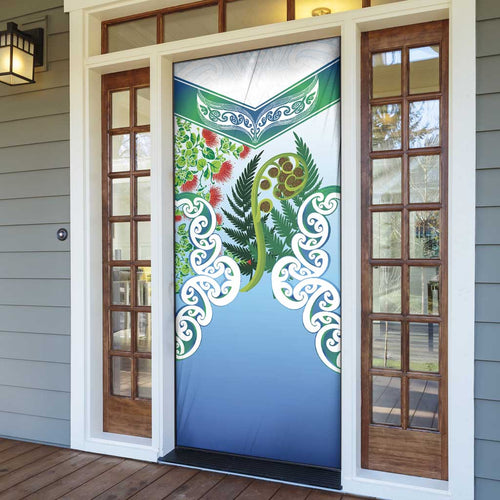 Aotearoa New Zealand Natural Plants Door Cover Pohutukawa with Silver Ferns Koru Frond Maori Tattoos