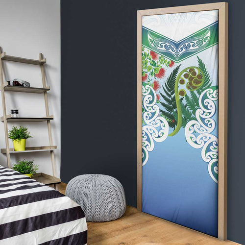 Aotearoa New Zealand Natural Plants Door Cover Pohutukawa with Silver Ferns Koru Frond Maori Tattoos