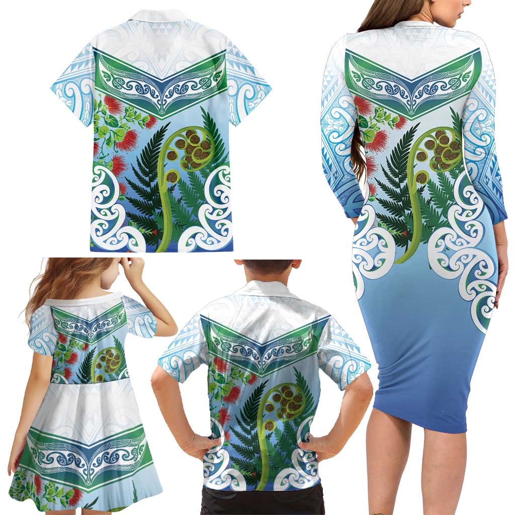 Aotearoa New Zealand Natural Plants Family Matching Long Sleeve Bodycon Dress and Hawaiian Shirt Pohutukawa with Silver Ferns Koru Frond Maori Tattoos
