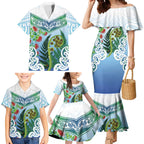 Aotearoa New Zealand Natural Plants Family Matching Mermaid Dress and Hawaiian Shirt Pohutukawa with Silver Ferns Koru Frond Maori Tattoos