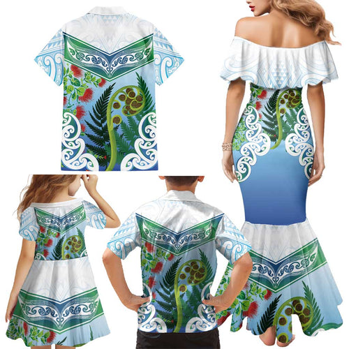 Aotearoa New Zealand Natural Plants Family Matching Mermaid Dress and Hawaiian Shirt Pohutukawa with Silver Ferns Koru Frond Maori Tattoos