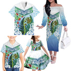 Aotearoa New Zealand Natural Plants Family Matching Off The Shoulder Long Sleeve Dress and Hawaiian Shirt Pohutukawa with Silver Ferns Koru Frond Maori Tattoos