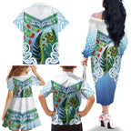 Aotearoa New Zealand Natural Plants Family Matching Off The Shoulder Long Sleeve Dress and Hawaiian Shirt Pohutukawa with Silver Ferns Koru Frond Maori Tattoos