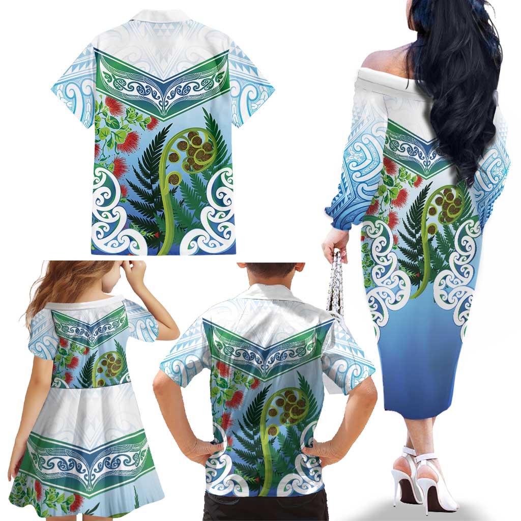 Aotearoa New Zealand Natural Plants Family Matching Off The Shoulder Long Sleeve Dress and Hawaiian Shirt Pohutukawa with Silver Ferns Koru Frond Maori Tattoos