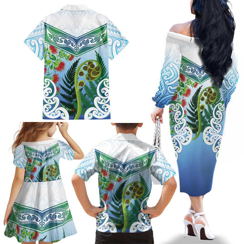 Aotearoa New Zealand Natural Plants Family Matching Off The Shoulder Long Sleeve Dress and Hawaiian Shirt Pohutukawa with Silver Ferns Koru Frond Maori Tattoos