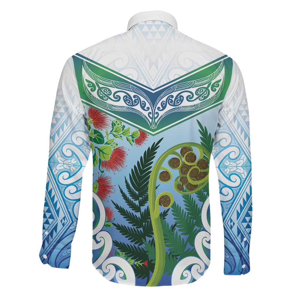 Aotearoa New Zealand Natural Plants Family Matching Off The Shoulder Long Sleeve Dress and Hawaiian Shirt Pohutukawa with Silver Ferns Koru Frond Maori Tattoos
