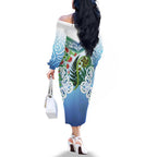 Aotearoa New Zealand Natural Plants Family Matching Off The Shoulder Long Sleeve Dress and Hawaiian Shirt Pohutukawa with Silver Ferns Koru Frond Maori Tattoos