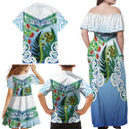 Aotearoa New Zealand Natural Plants Family Matching Off Shoulder Maxi Dress and Hawaiian Shirt Pohutukawa with Silver Ferns Koru Frond Maori Tattoos
