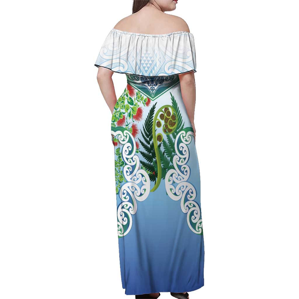 Aotearoa New Zealand Natural Plants Family Matching Off Shoulder Maxi Dress and Hawaiian Shirt Pohutukawa with Silver Ferns Koru Frond Maori Tattoos
