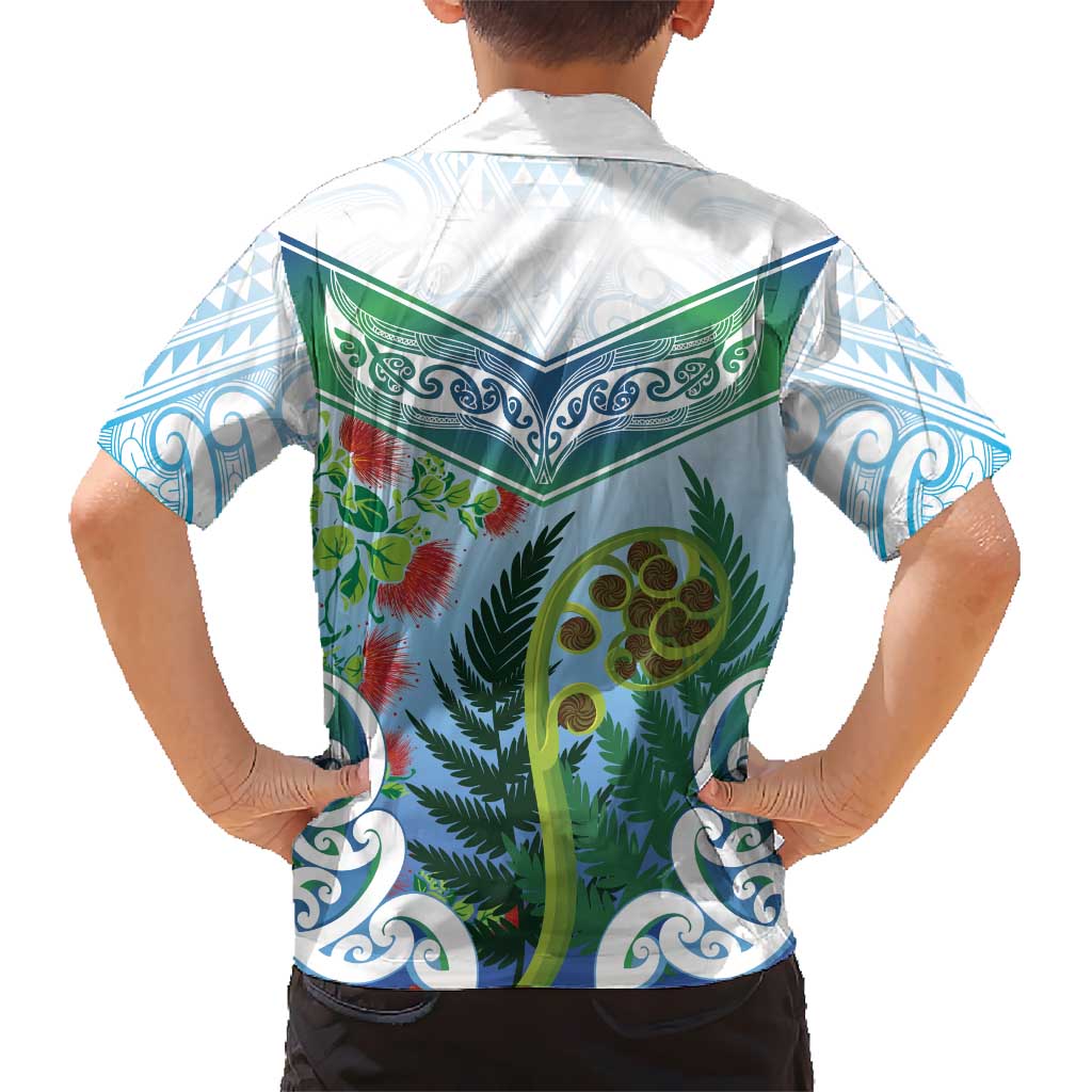 Aotearoa New Zealand Natural Plants Family Matching Off Shoulder Short Dress and Hawaiian Shirt Pohutukawa with Silver Ferns Koru Frond Maori Tattoos