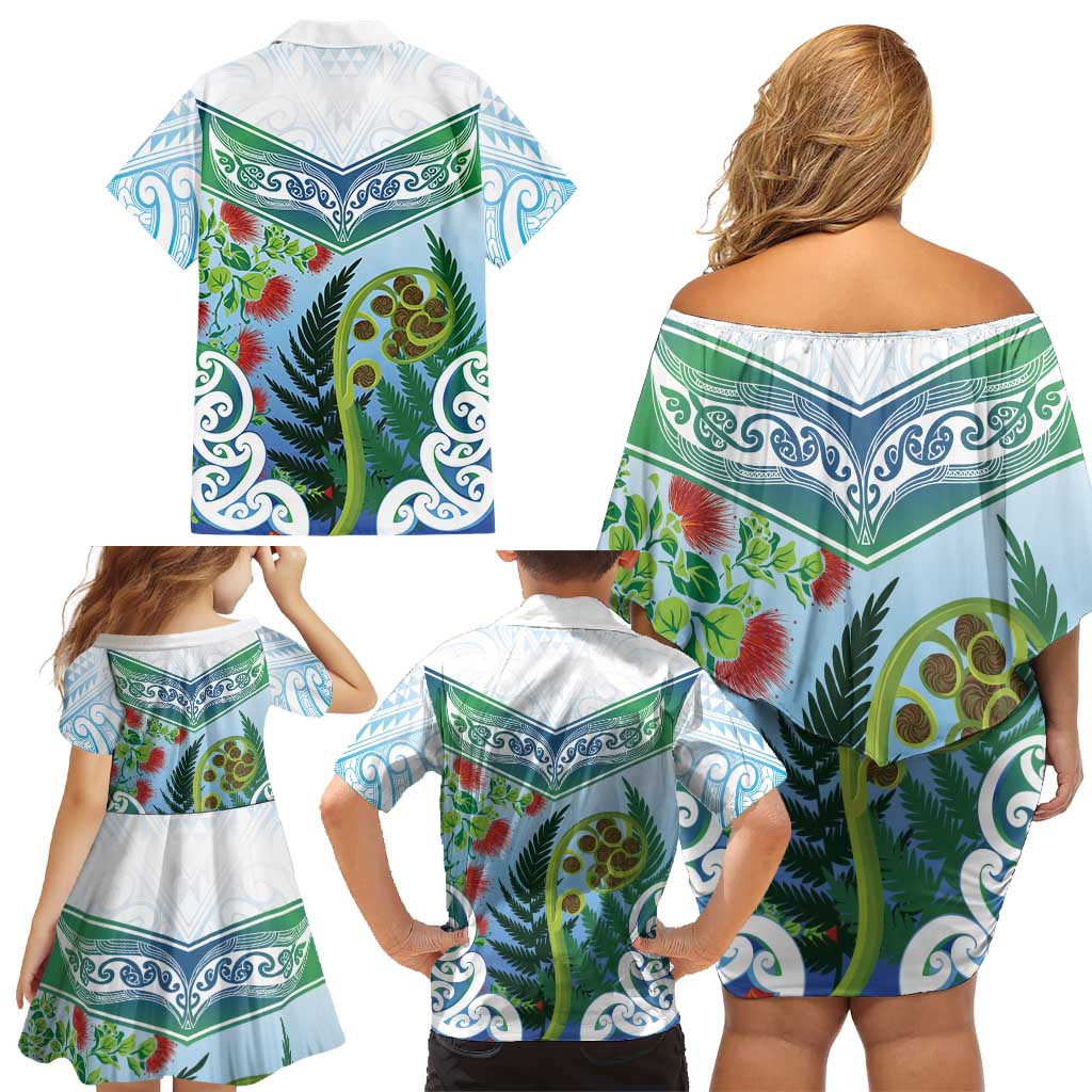 Aotearoa New Zealand Natural Plants Family Matching Off Shoulder Short Dress and Hawaiian Shirt Pohutukawa with Silver Ferns Koru Frond Maori Tattoos