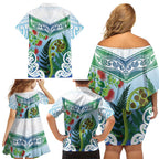 Aotearoa New Zealand Natural Plants Family Matching Off Shoulder Short Dress and Hawaiian Shirt Pohutukawa with Silver Ferns Koru Frond Maori Tattoos
